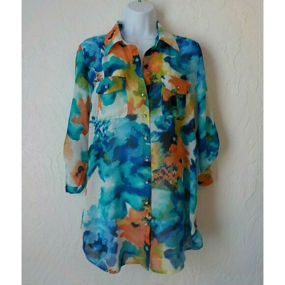 Sunny Leigh Women Small Shirt Floral Sheer Chiffon Jewel Button Multicolor Tunic - Picture 1 of 9